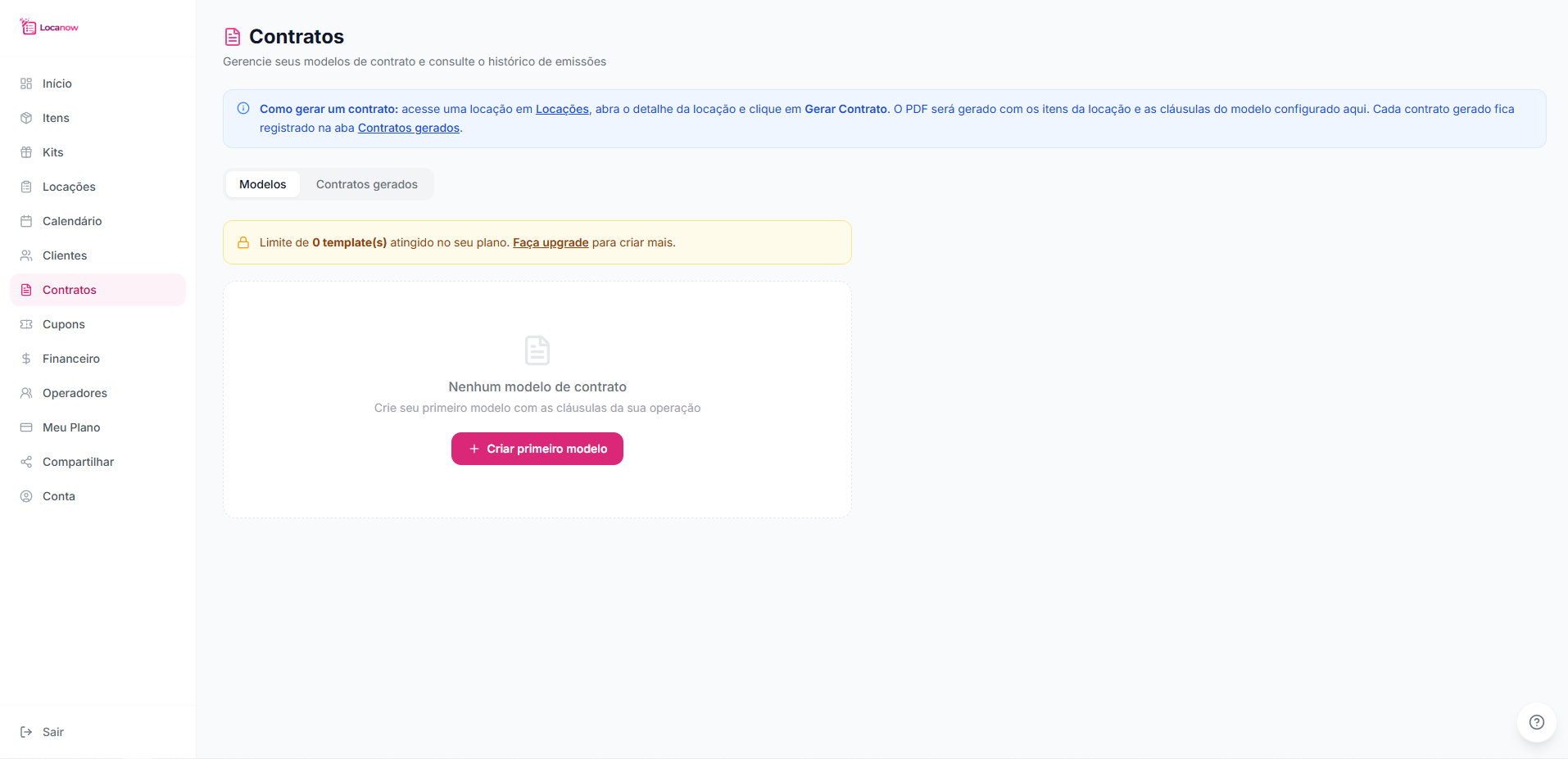 Tela de contratos do Locanow